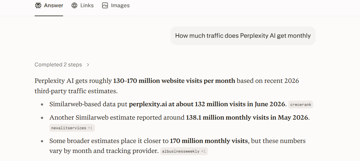 Perplexity AI search results showing live web sources and citations 