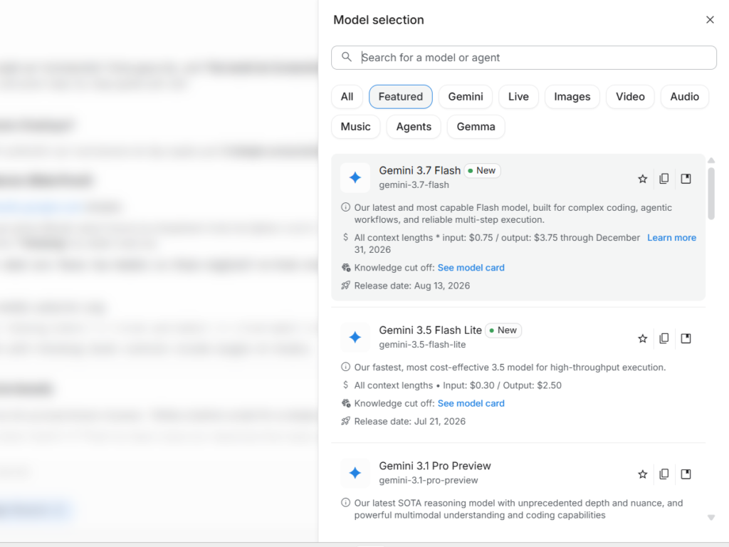 Google AI Studio interface showing Gemini 3.7 Flash and Gemini 3.5 Flash model selection